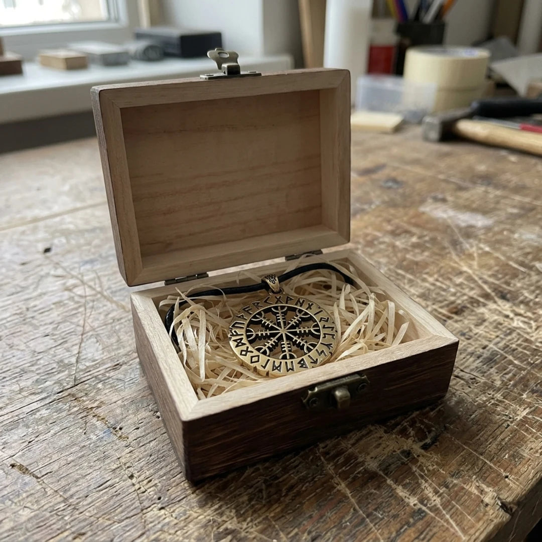 Helm Of Awe Runes Pendant in its wooden gift box