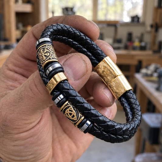 VEGVISIR & TRIQUETRA LEATHER BRACELET - STAINLESS STEEL