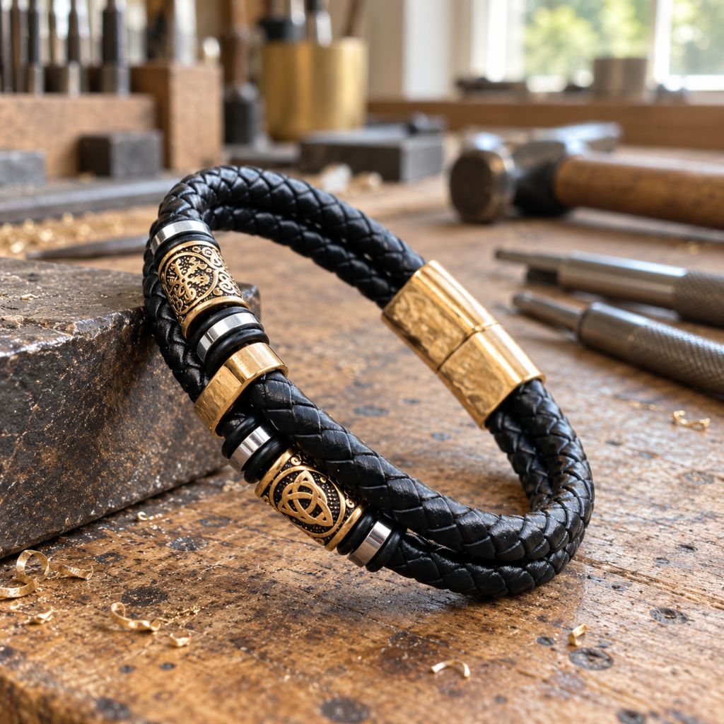 VEGVISIR & TRIQUETRA LEATHER BRACELET - STAINLESS STEEL