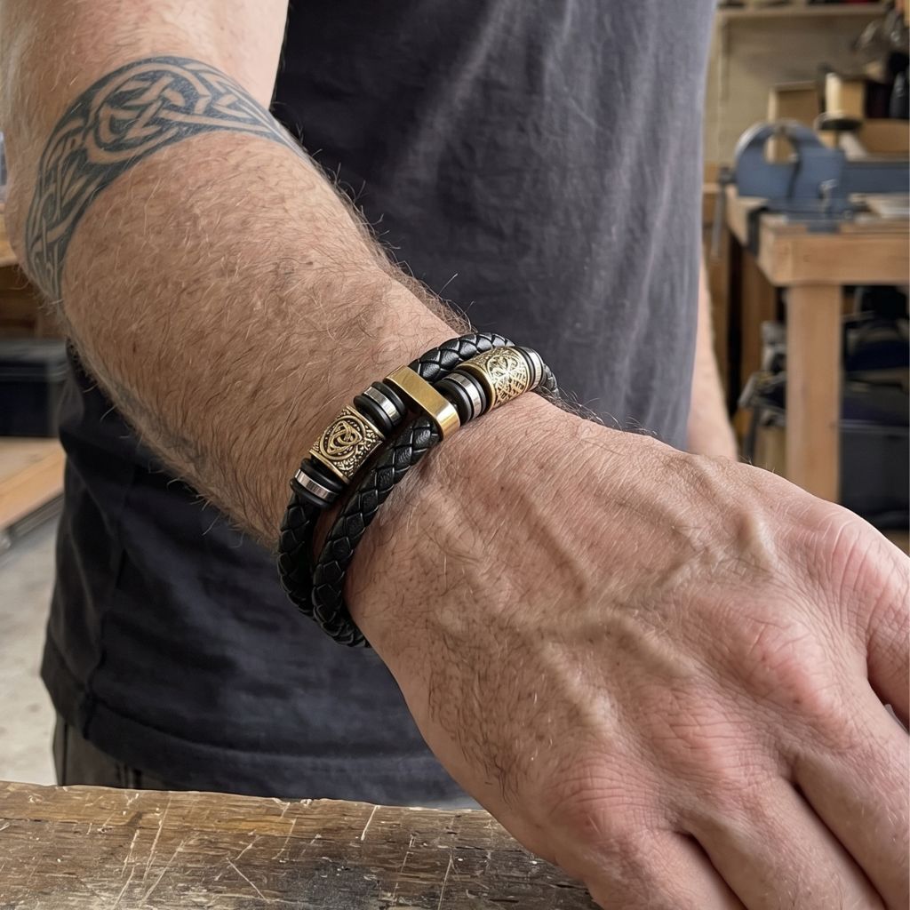 VEGVISIR & TRIQUETRA LEATHER BRACELET - STAINLESS STEEL
