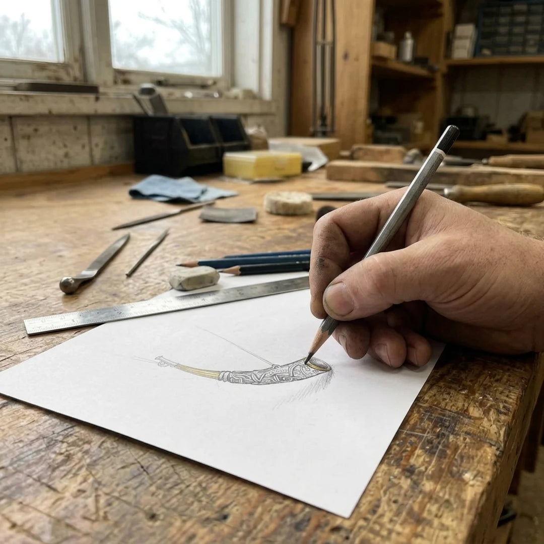 Gjallarhorn Heirloom Norsk Horn Pendant - maker drawing its pencil sketch