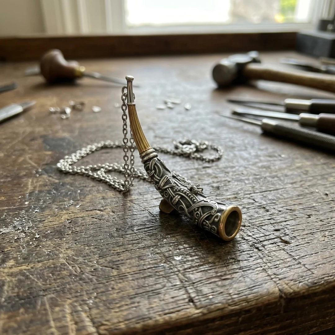 Gjallarhorn Heirloom Norsk Horn Pendant - piece on the jeweler's workbench