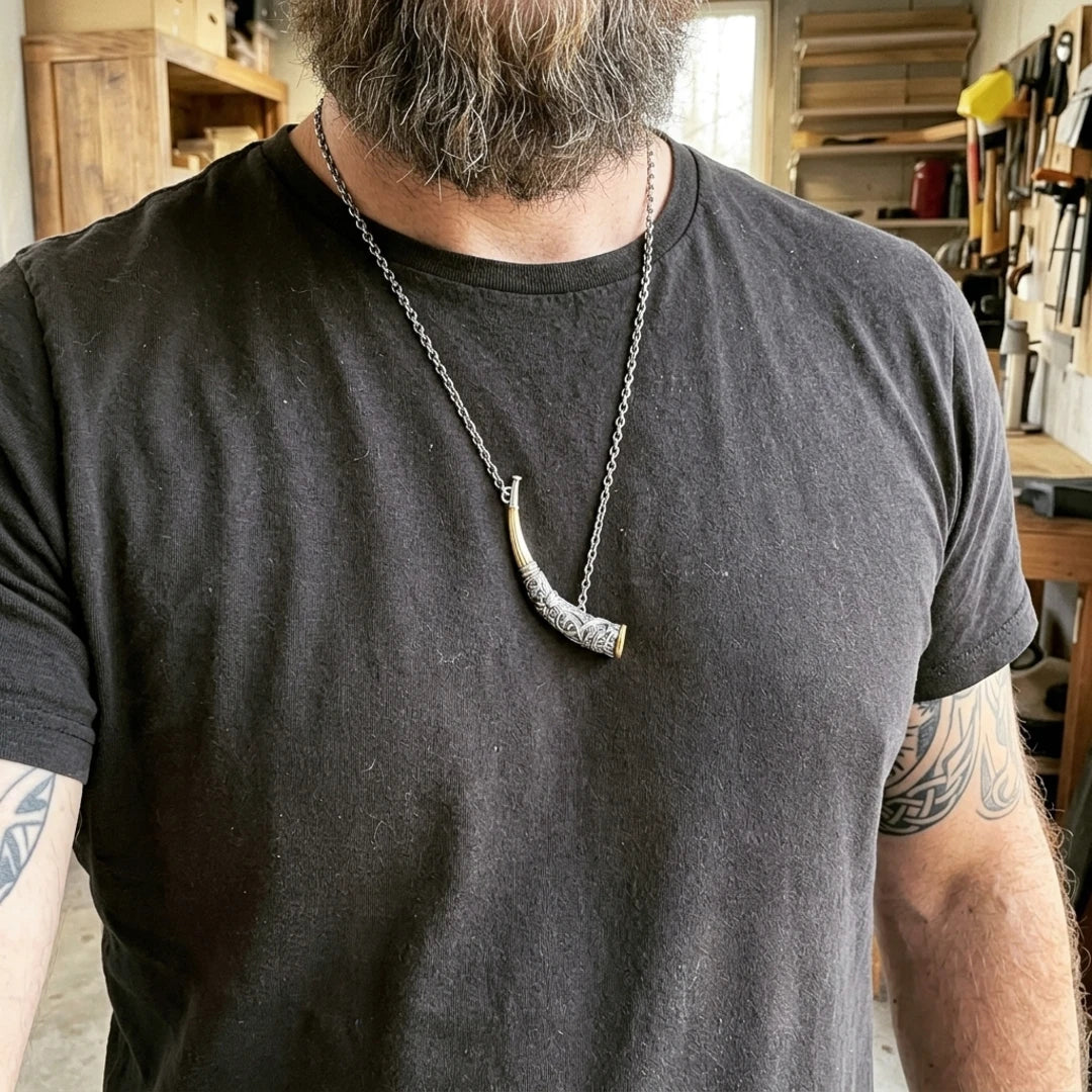 Gjallarhorn Heirloom Norsk Horn Pendant - Viking horn pendant worn on a chain