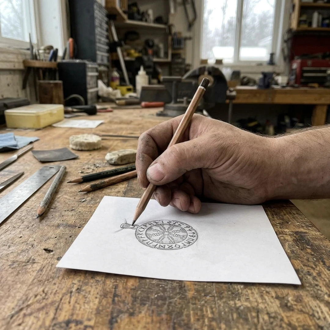 Helm Of Awe Runes Pendant drawn on a pencil sketch