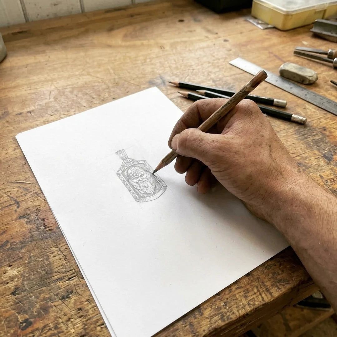 Odin Allfather Runic Face Pendant - jeweler sketching the Norse design