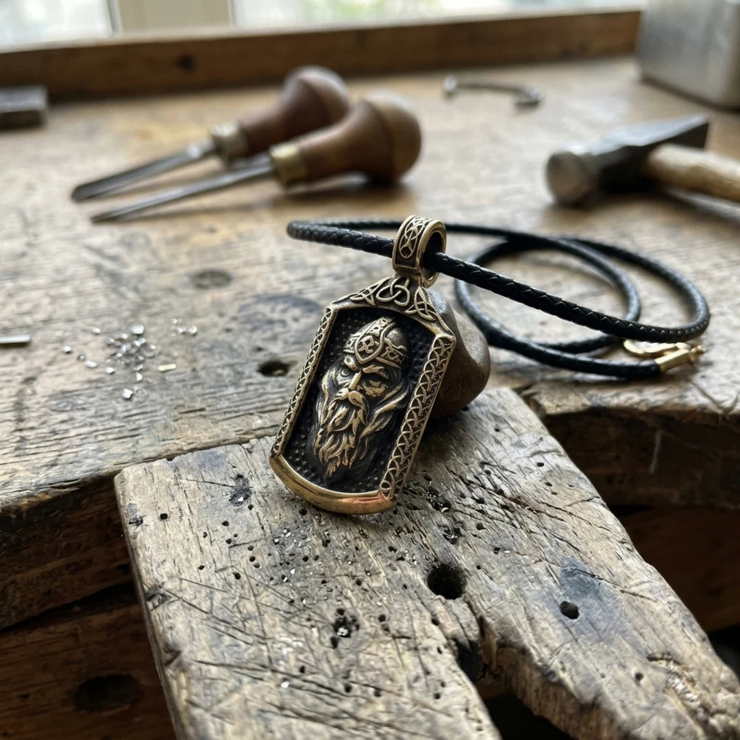 Odin Allfather Runic Face Pendant - solid brass pendant on the workbench