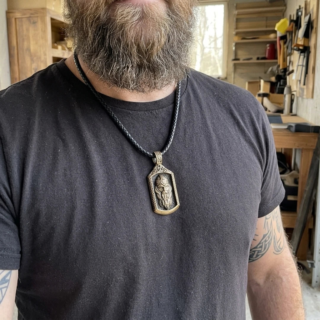 Odin Allfather Runic Face Pendant - brass talisman worn around the neck