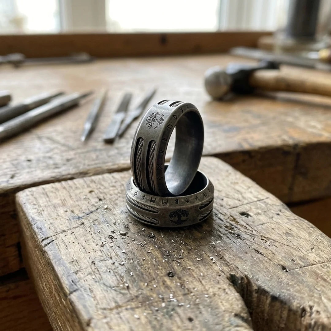 Odin's Sacrifice Yggdrasil Runes Ring - Yggdrasil ring on the jeweler's workbench