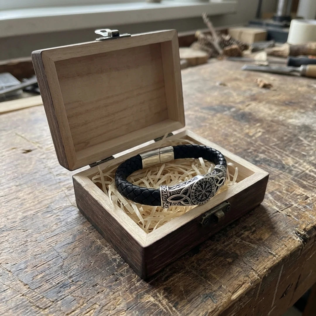 Path Of The North Leather Cord Bracelet - in its dark wooden gift box