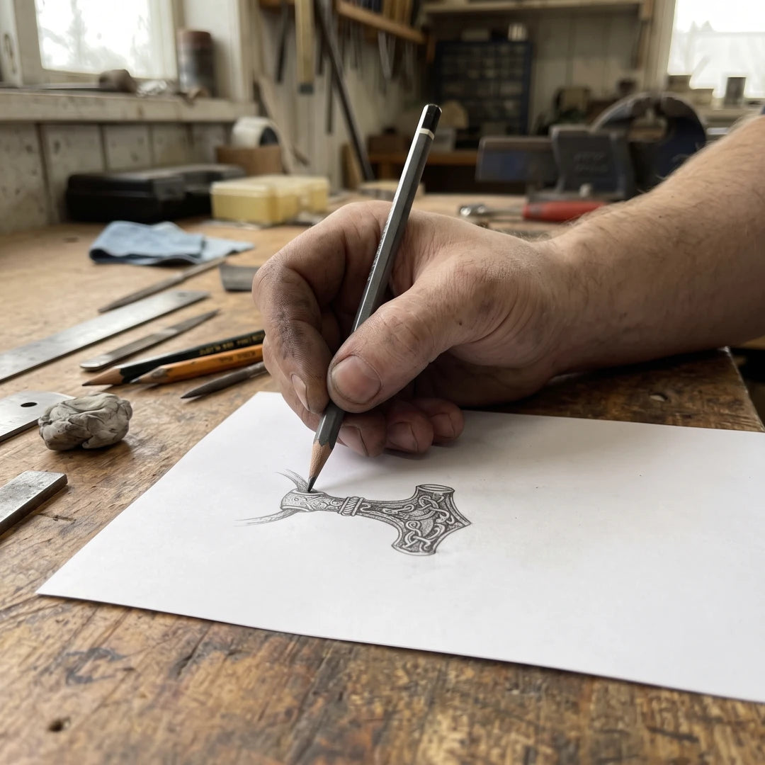 Thor Mammen Art Mjolnir Pendant - maker sketching traditional Norse art on paper