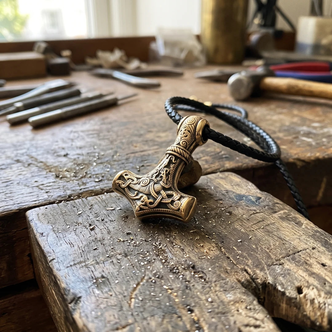Thor Mammen Art Mjolnir Pendant - resting on the jeweler's workbench