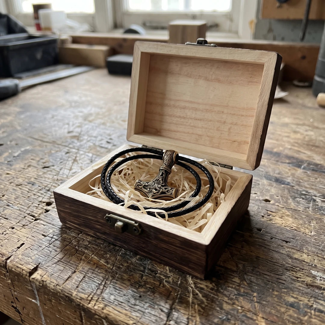 Thor Mammen Art Mjolnir Pendant - displayed inside its dark wooden Viking gift box