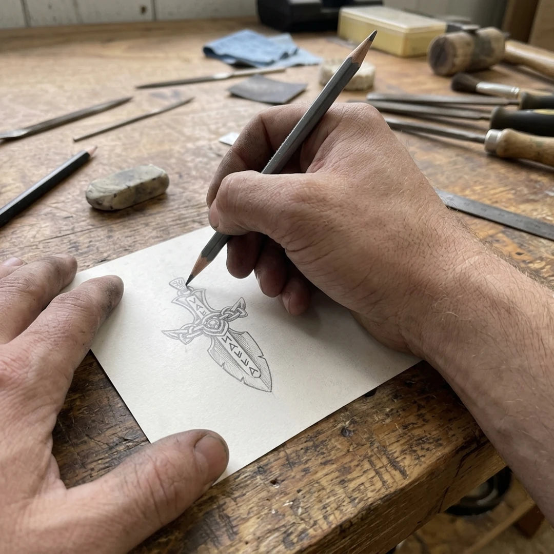 Valhalla Sword Dagger Pendant - sketching the design on drafting paper