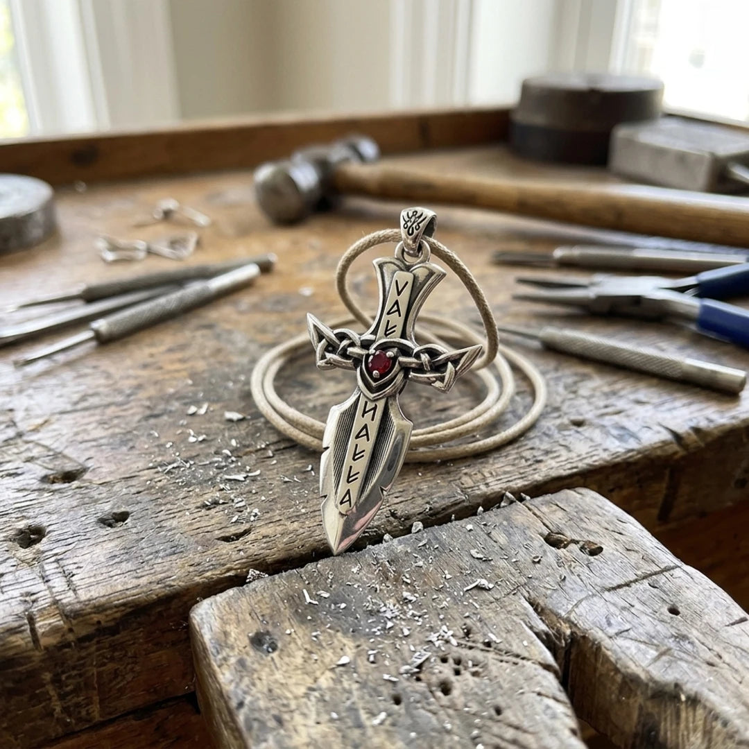 Valhalla Sword Dagger Pendant - resting on the jeweler's workbench