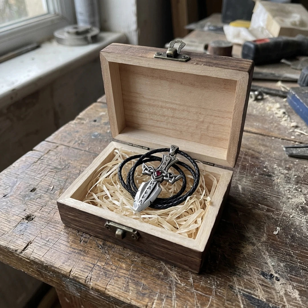 Valhalla Sword Dagger Pendant - presented inside its dark wooden Viking gift box