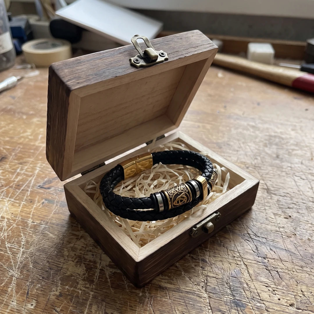 Vegvisir & Triquetra Leather Bracelet - presented inside its dark wooden gift box