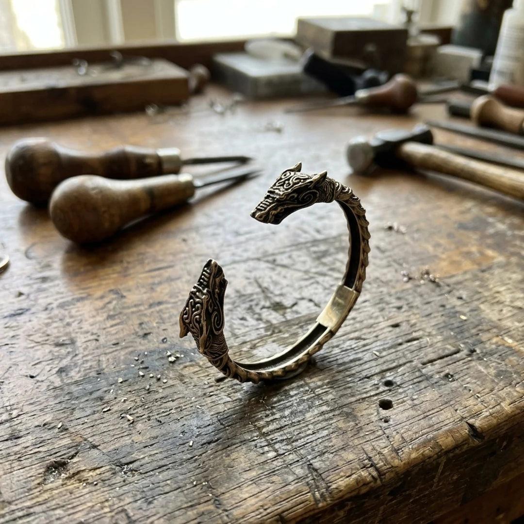 Wolf Oath Fenrir Arm Ring - Solid brass wolf arm ring on the jeweler's workbench