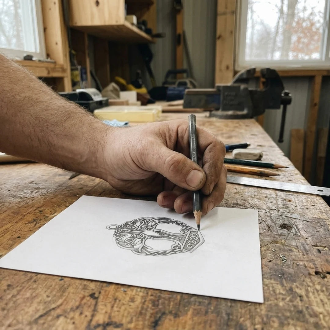 Yggdrasil Mjolnir Thor Hammer Pendant sketch on the designer's desk