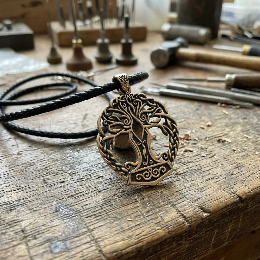Yggdrasil Mjolnir Thor Hammer Pendant on the jeweler's workbench