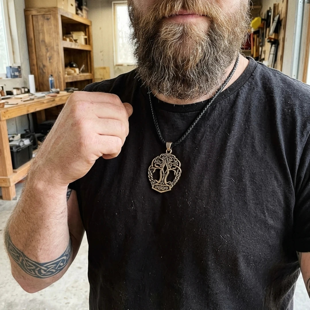 Yggdrasil Mjolnir Thor Hammer Pendant worn on a cord